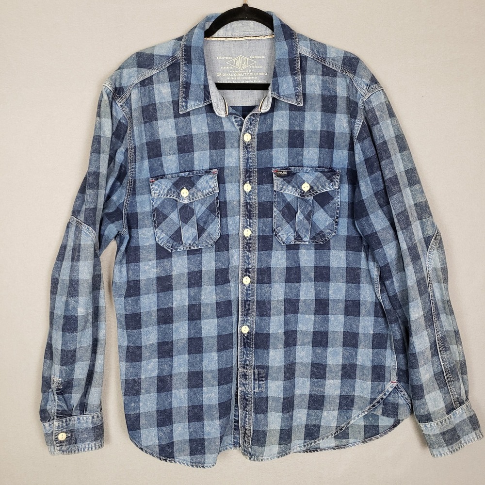 True Grit Denim Plaid Flannel Blue Gingham Check Farm Chore Western Workwear L
